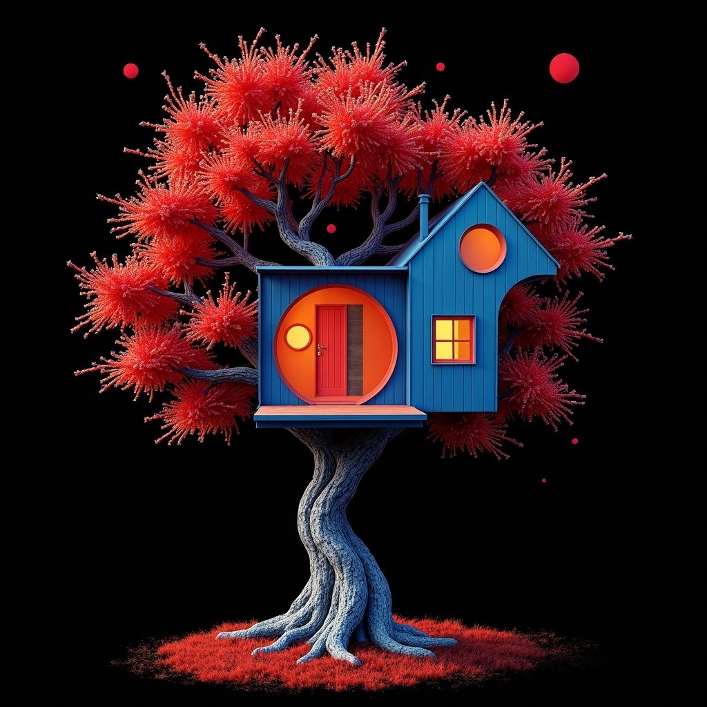 Whimsical Treehouse in a Red-Leaved Tree Setting