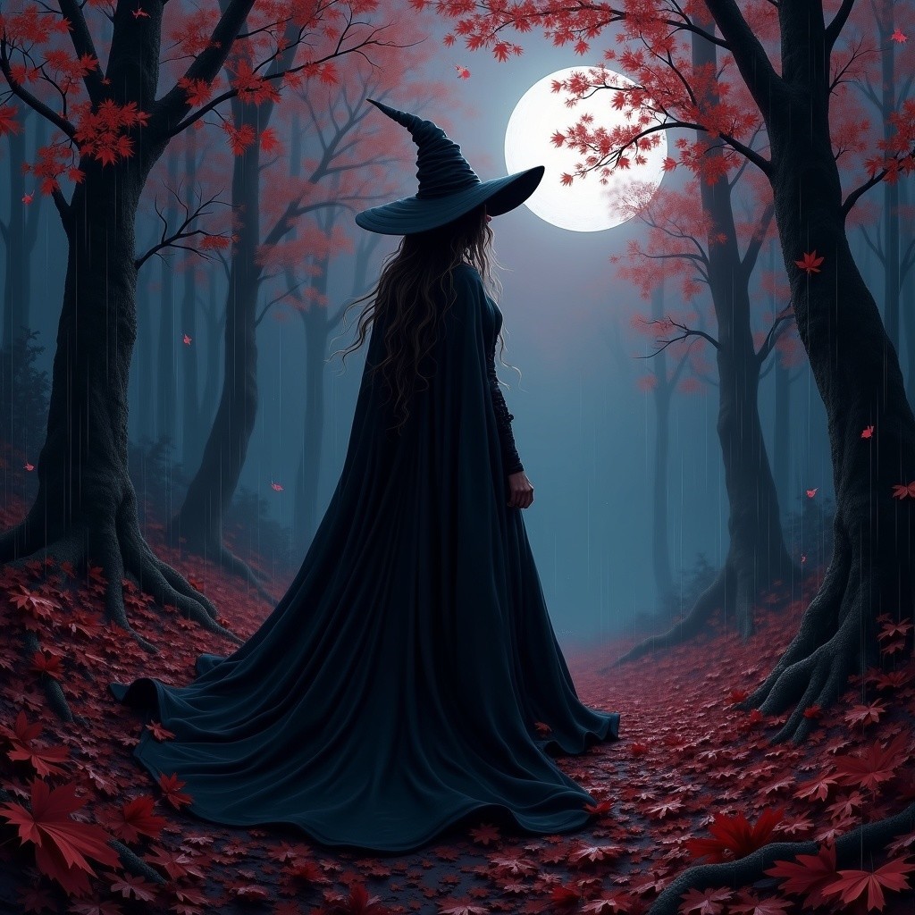 Witch in Twilight Forest with Full Moon and Maple Leaves