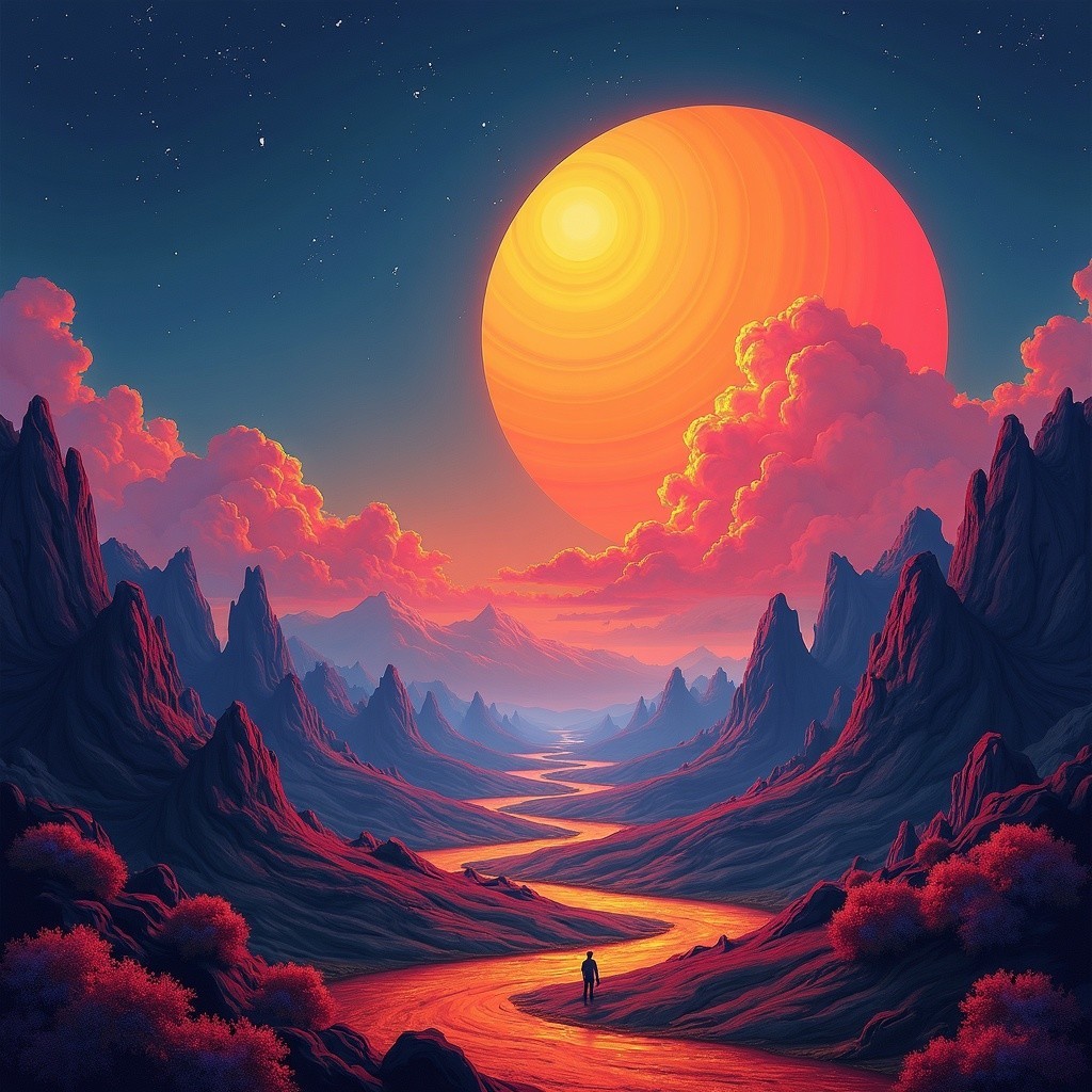 Winding River Through Rocky Terrain and Vibrant Sky