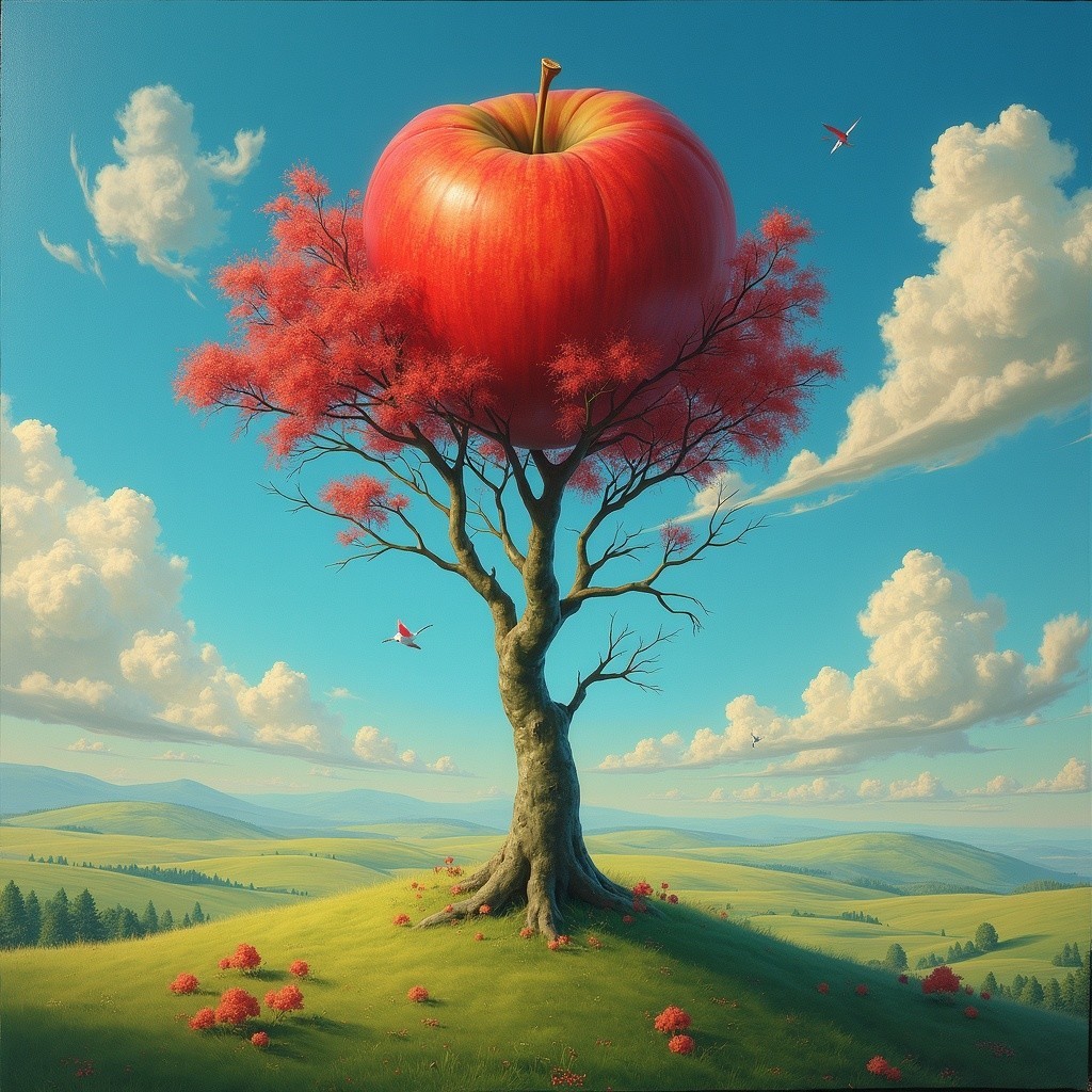 Surreal Landscape with Apple on Whimsical Tree