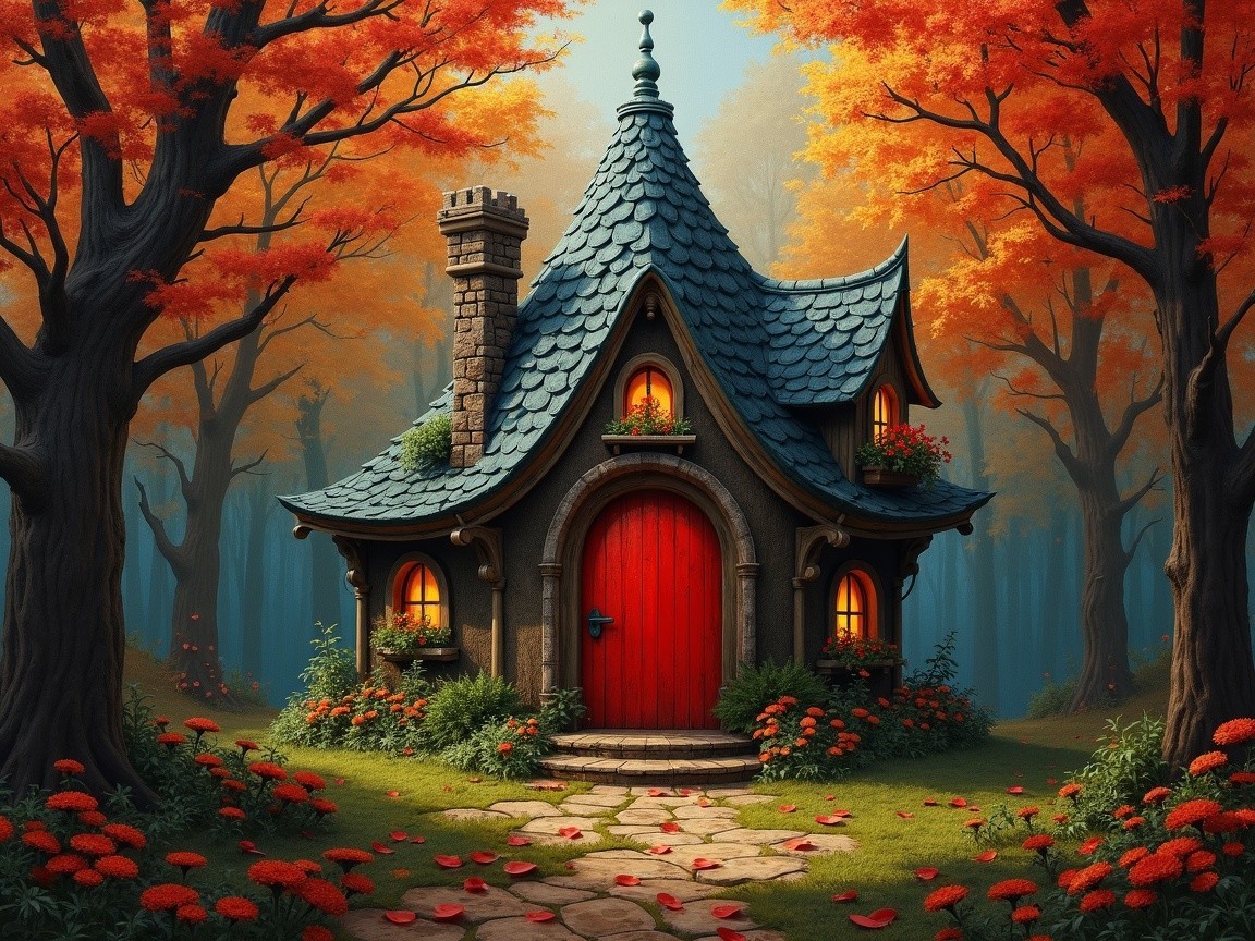 Storybook Cottage Surrounded by Autumn Trees