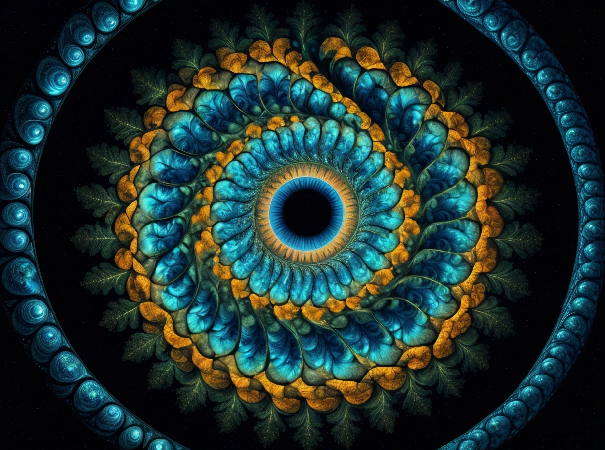 Vibrant Blue and Gold Spiral Pattern with Leaf Motifs