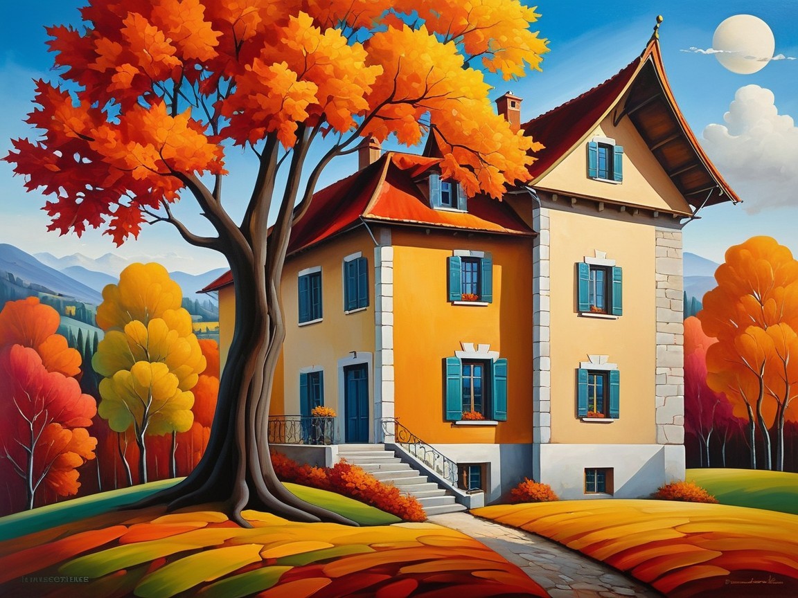 Charming Yellow House Surrounded by Autumn Foliage