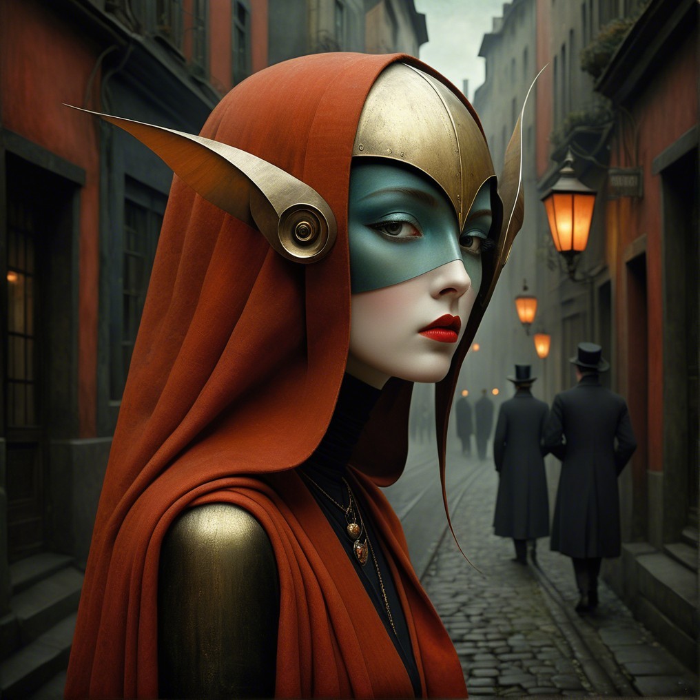 Mysterious Figure in Red Cloak and Futuristic Mask