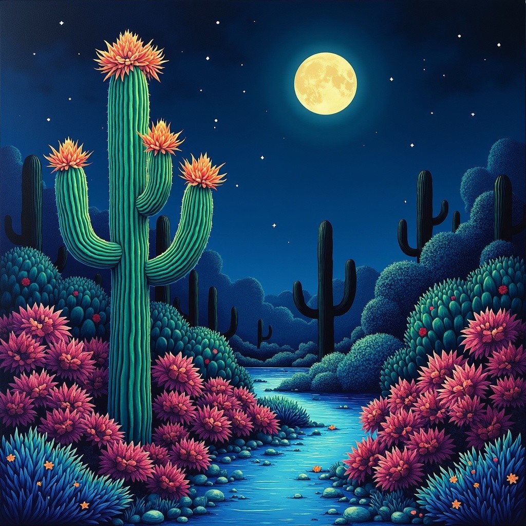 Vibrant Night Scene with Cacti and Moonlit River
