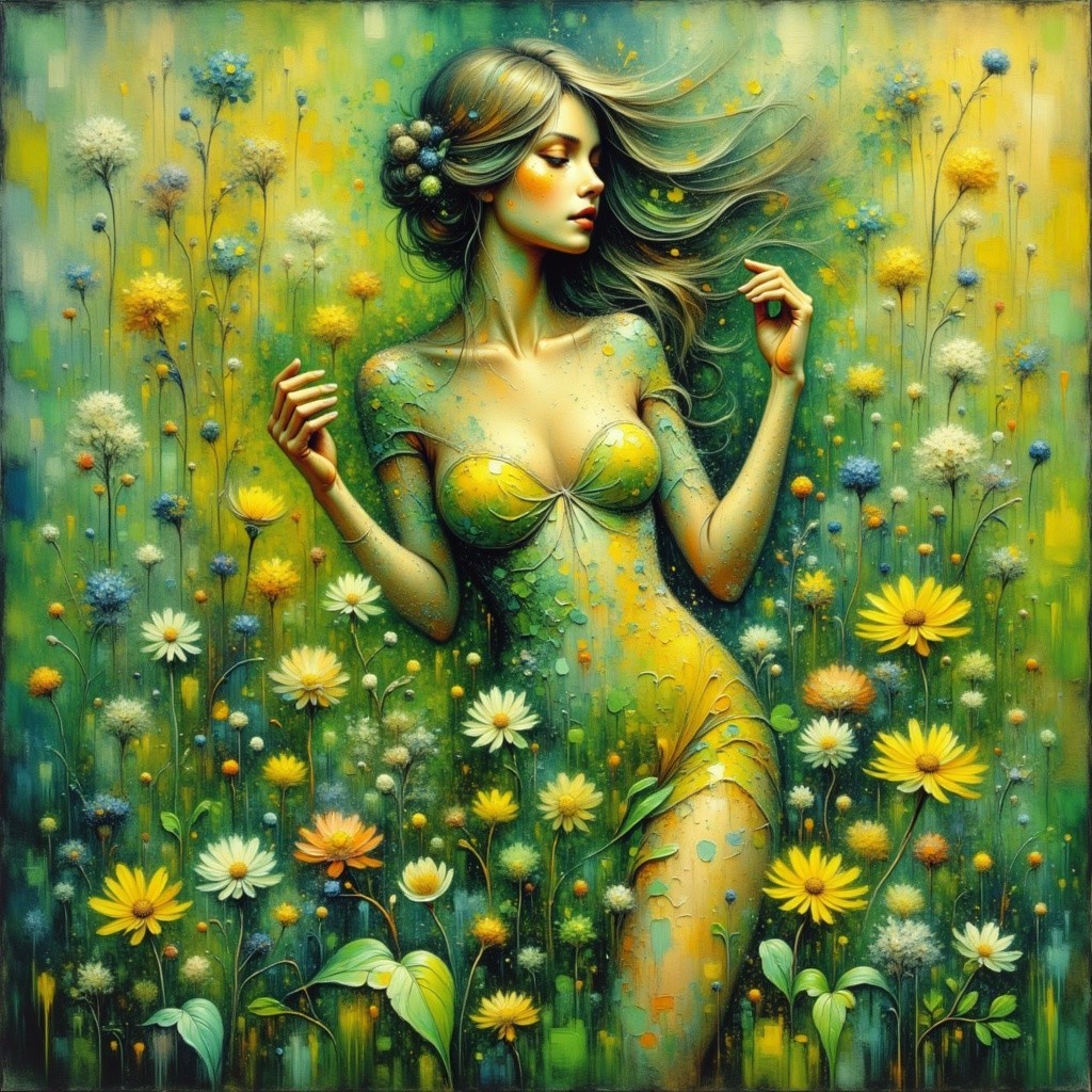 Serene Woman Surrounded by Vibrant Blooming Flowers