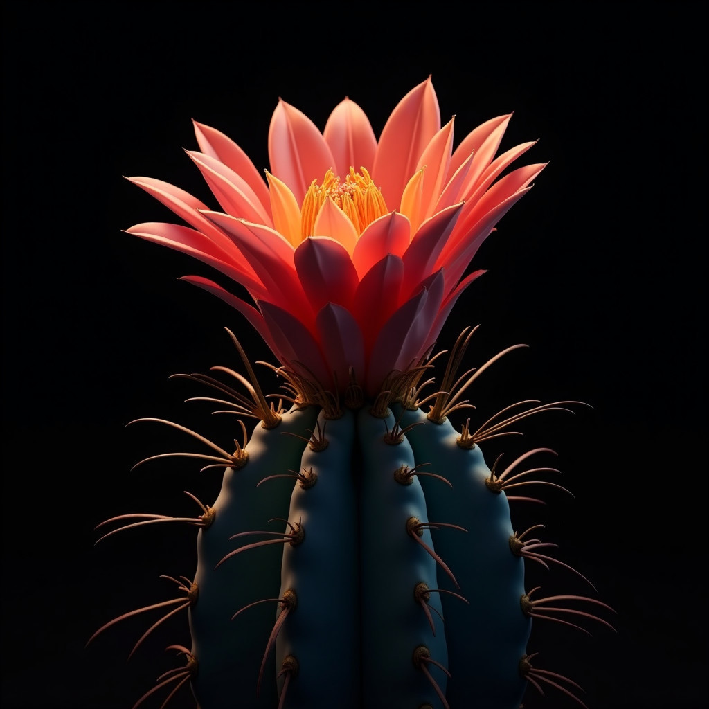 Cactus with Pink and Orange Blooms on Black Background