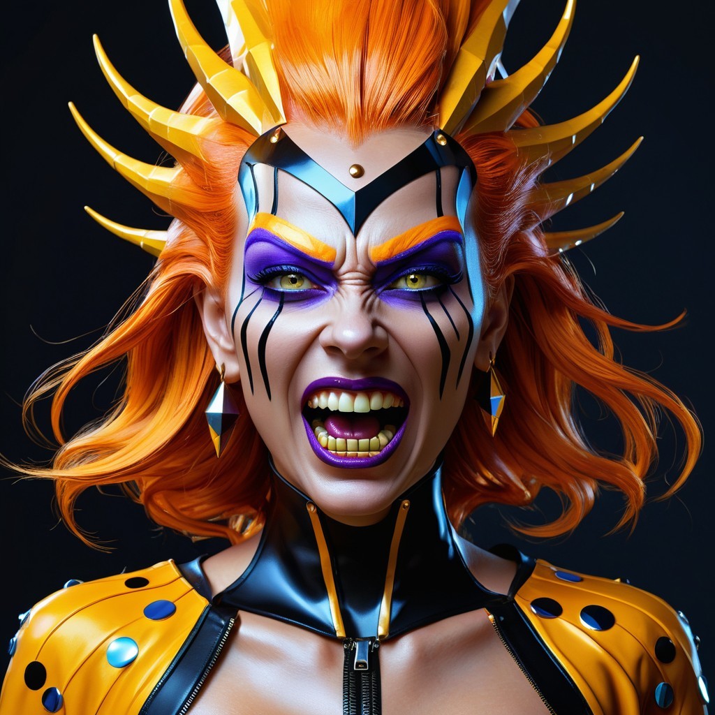 Fierce female character with vibrant orange hair and makeup