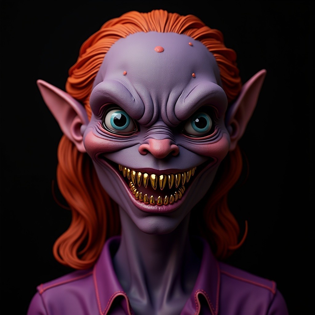 Stylized Goblin Figure with Purple Skin and Red Hair