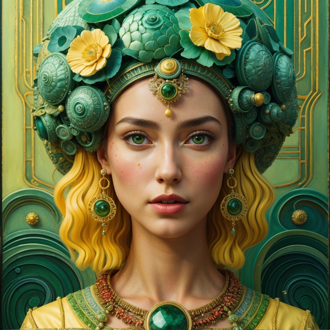 Portrait of a Woman with Green Eyes and Floral Hair