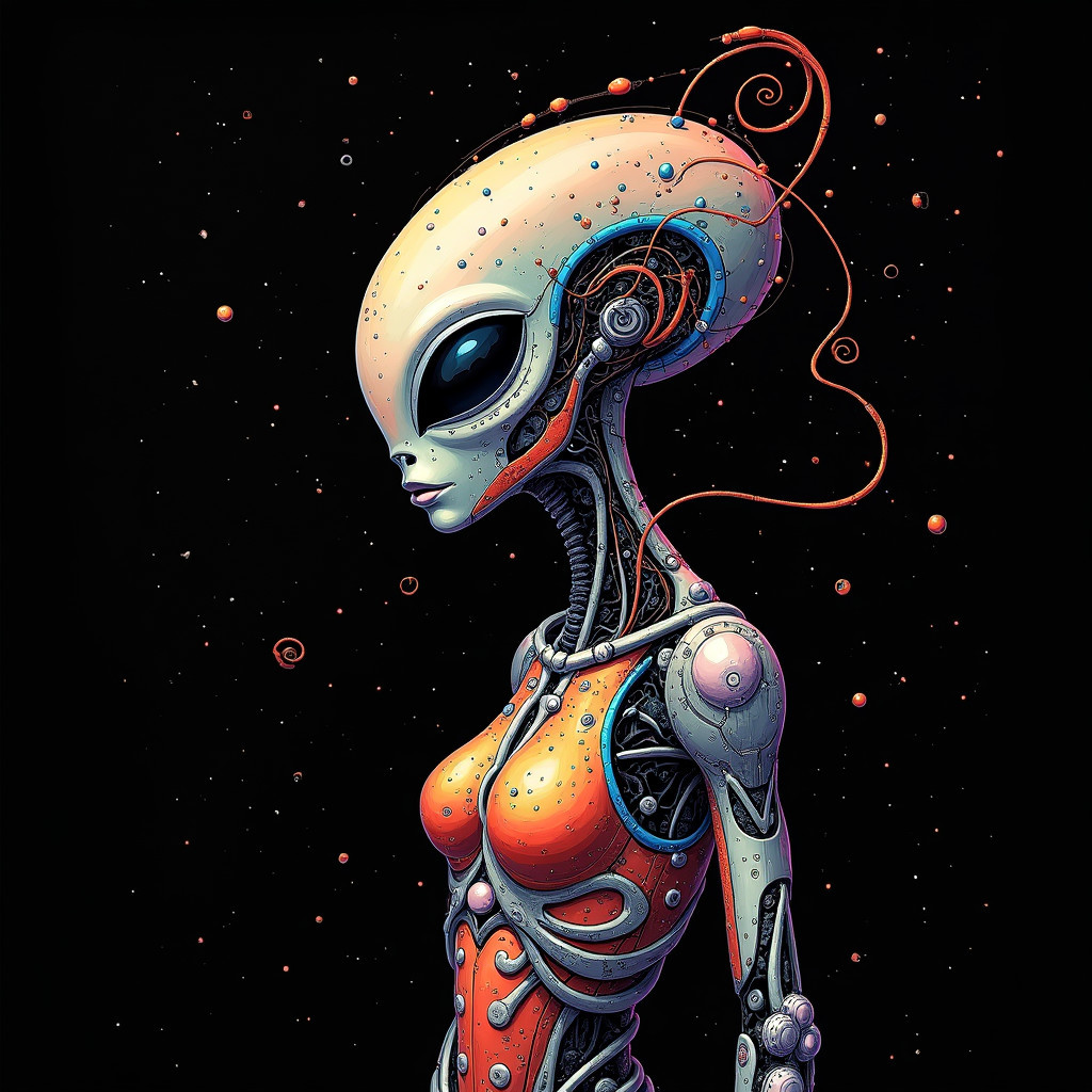 Futuristic Alien Figure with Cosmic Background Elements