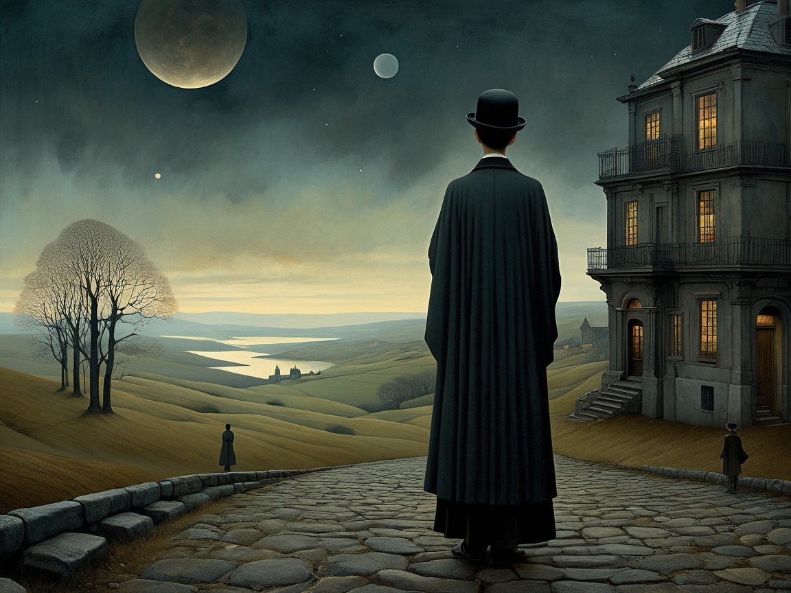 Mysterious Figure on Cobblestone Path with Surreal Landscape