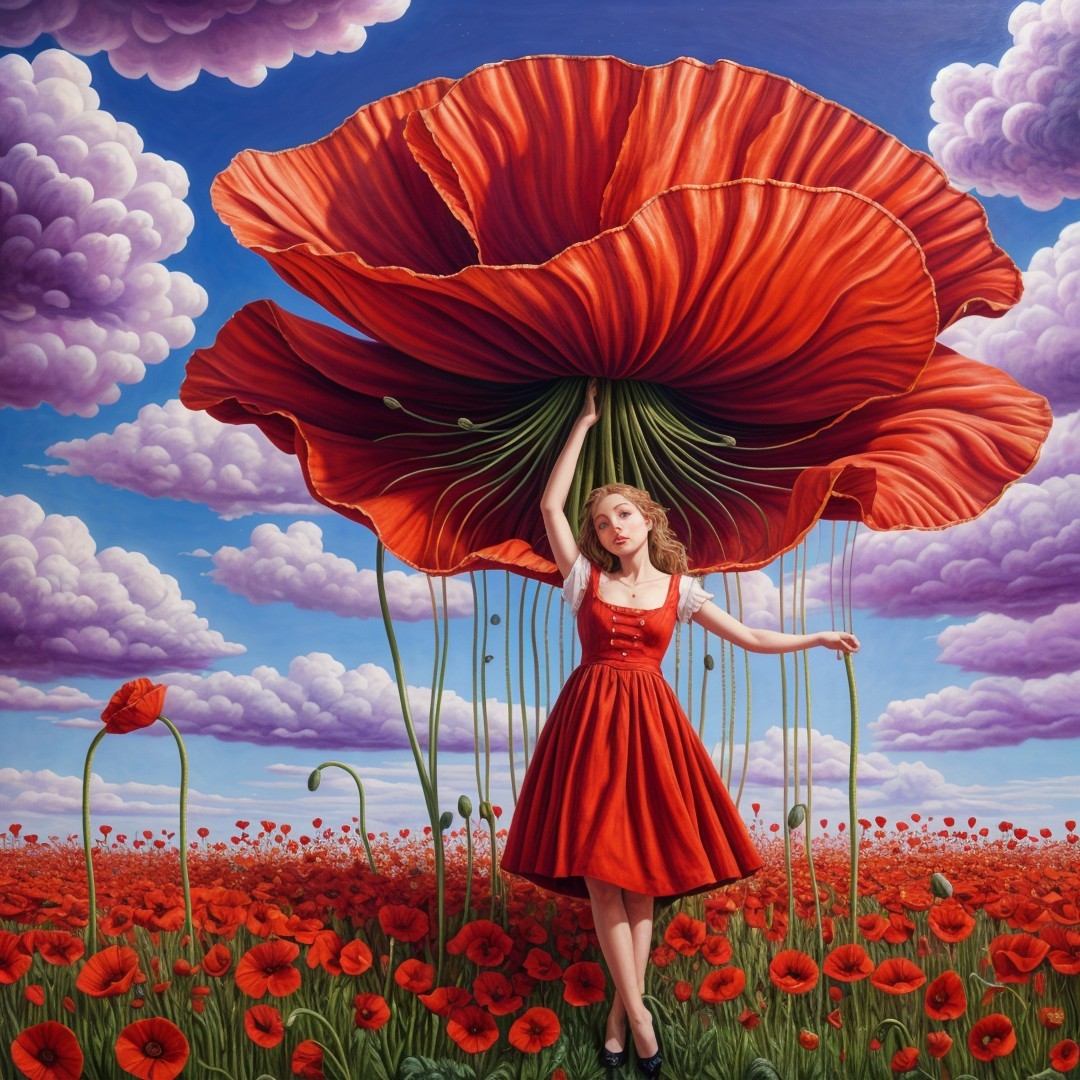 Young Woman in Red Dress Amidst Vibrant Poppy Field