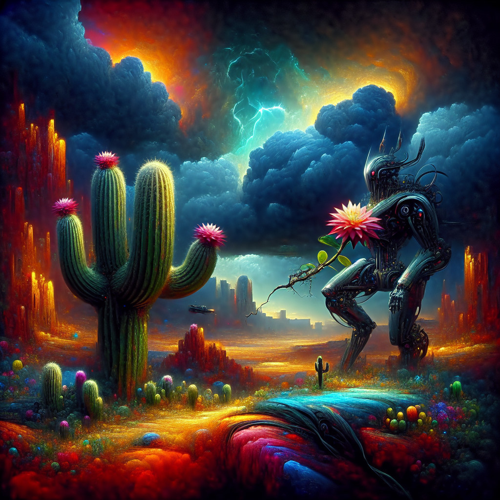 Surreal Landscape with Towering Robot and Cacti