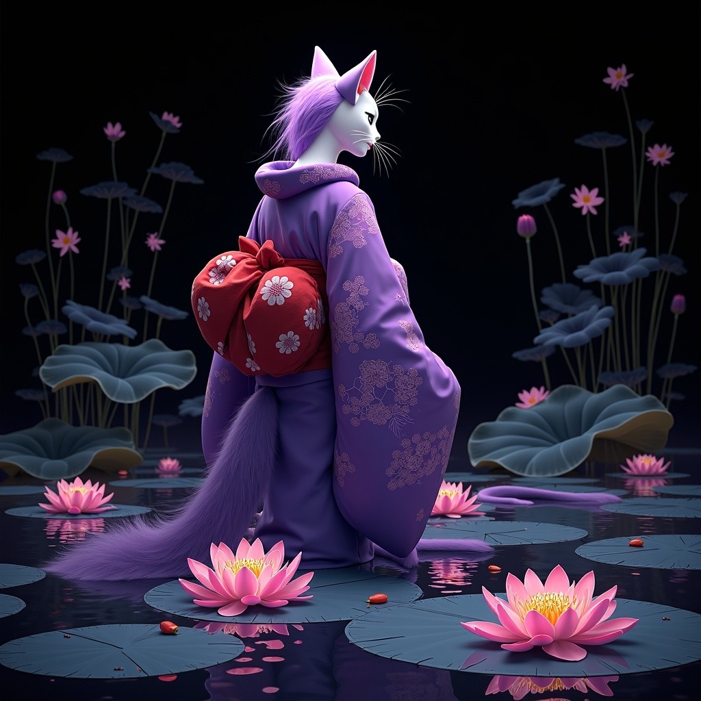 Whimsical Cat Character in Purple Kimono by Pond