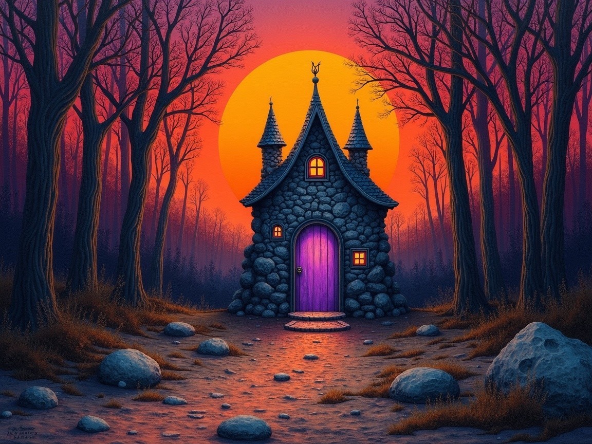 Whimsical Stone Cottage by Enchanted Forest at Sunset