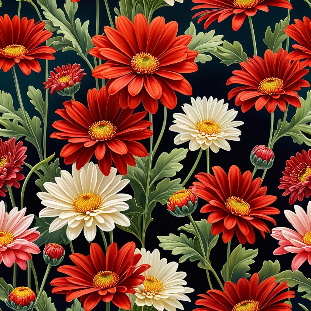 Vibrant Floral Pattern with Red and White Daisies