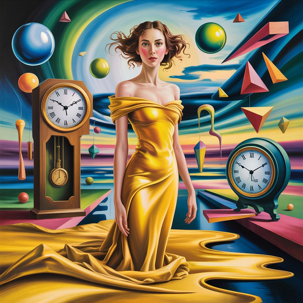 Surreal Scene of Woman in Golden Gown Among Clocks