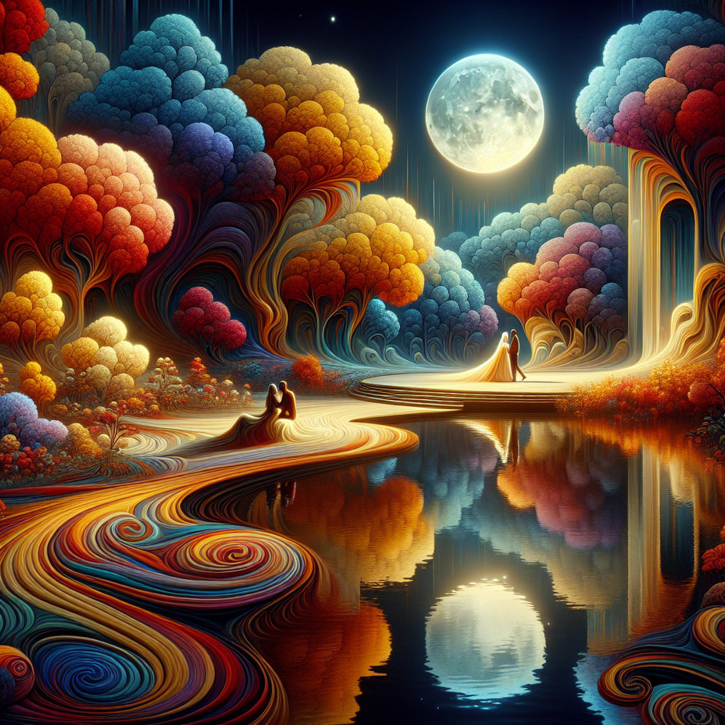 Surreal Landscape with Vibrant Trees and Moonlit River