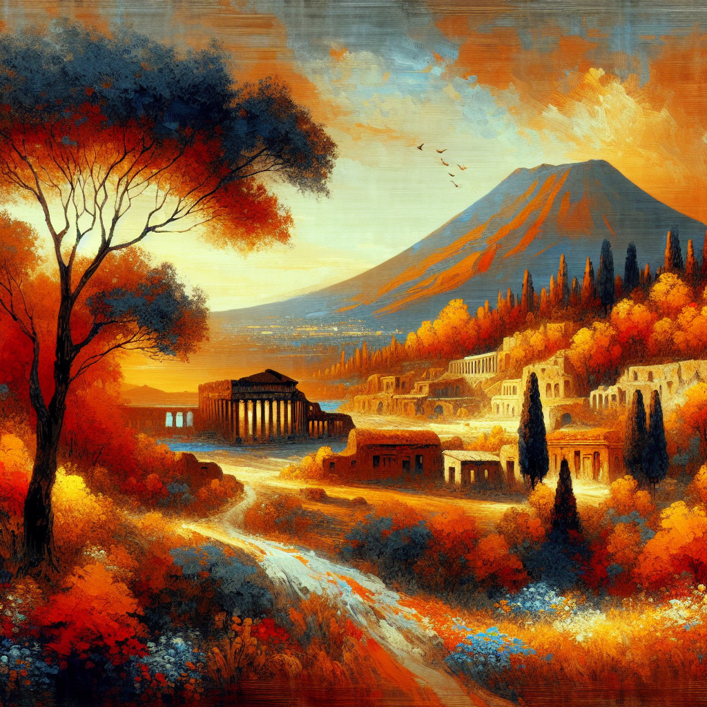 Serene Sunset Over Historic Site with Majestic Mountains