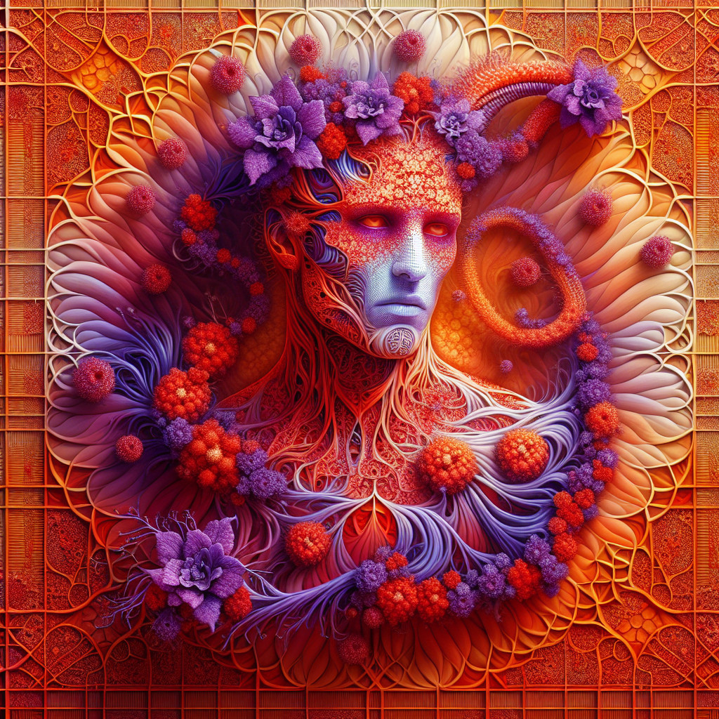 Surreal Human Head with Floral Patterns and Colors