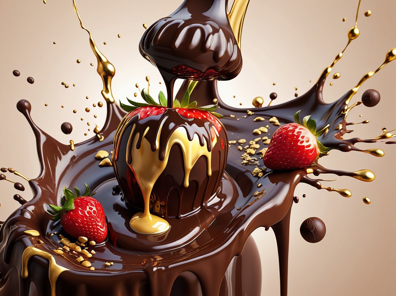 Chocolate and Gold Liquid Splashing on Strawberries