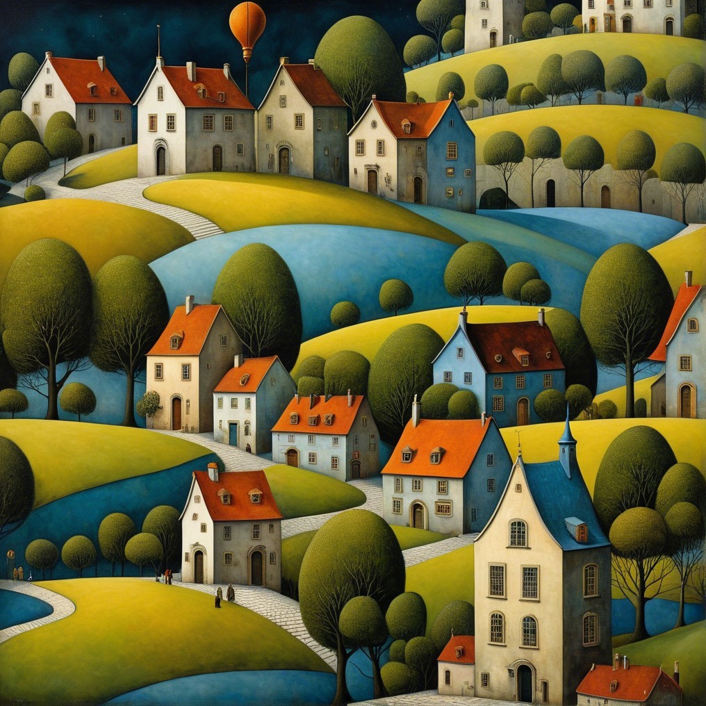 Whimsical Landscape with Unique Houses and Balloon