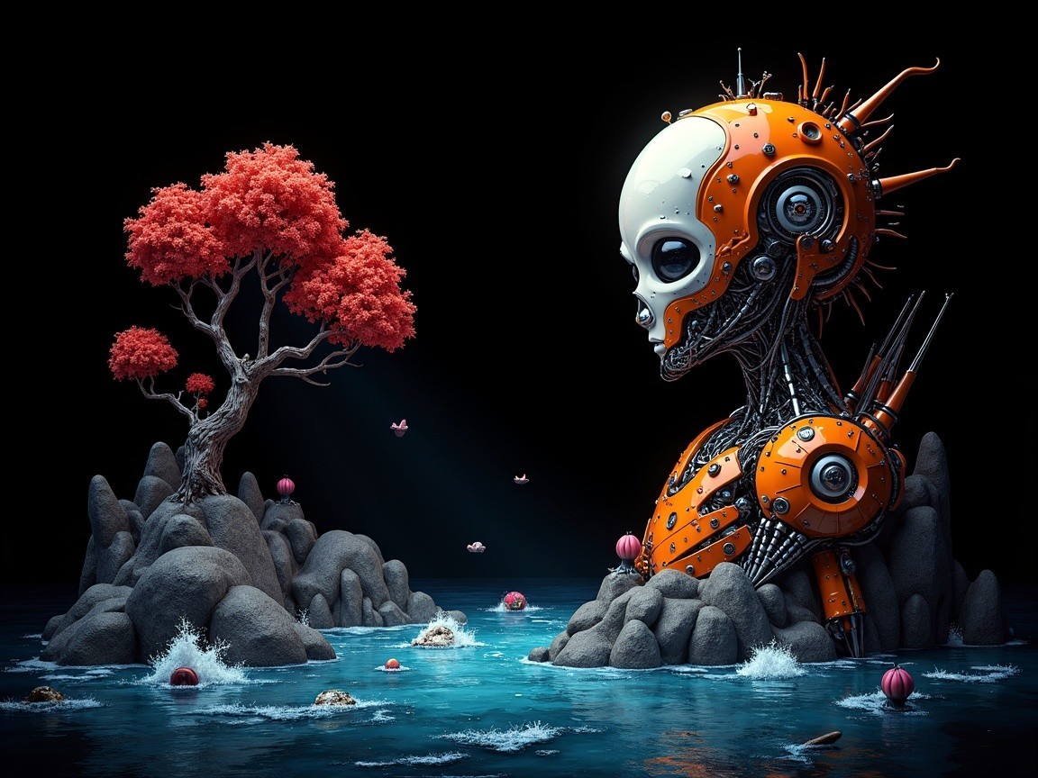 Futuristic landscape with mechanical figure and nature elements