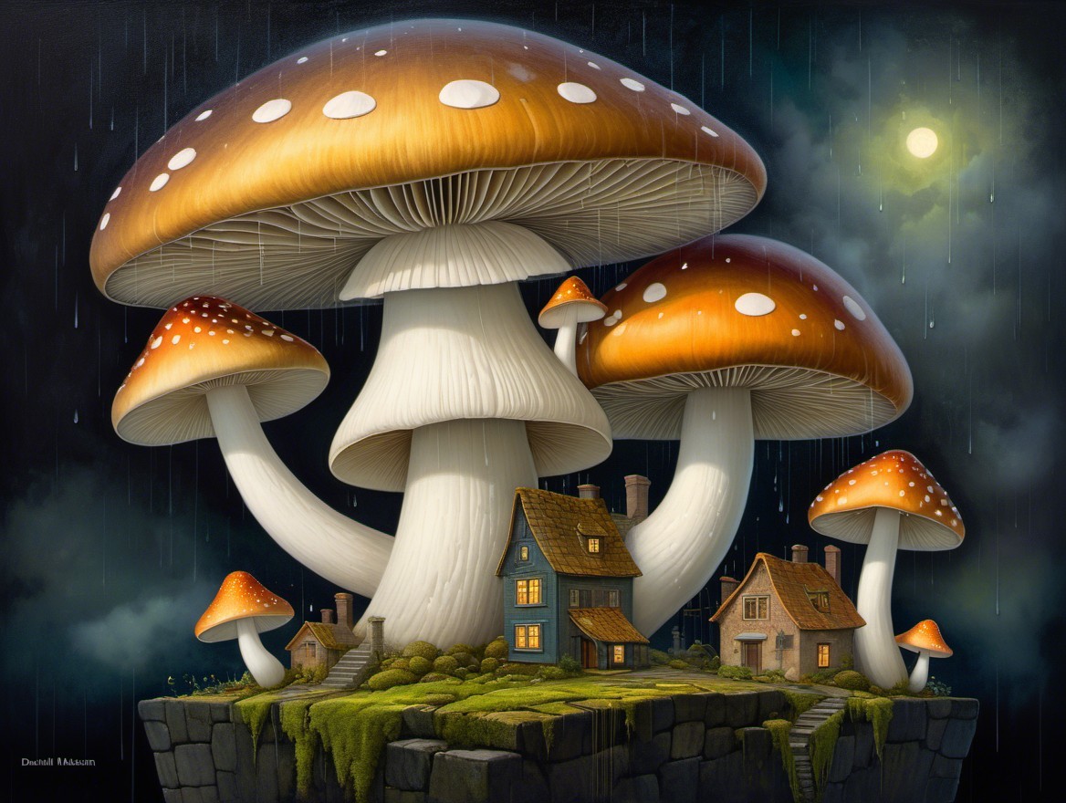 Whimsical Scene of Oversized Mushrooms and Houses