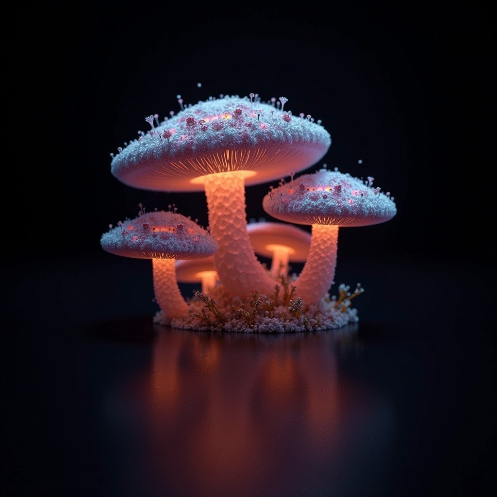 Ethereal Glowing Mushrooms in a Dark Setting