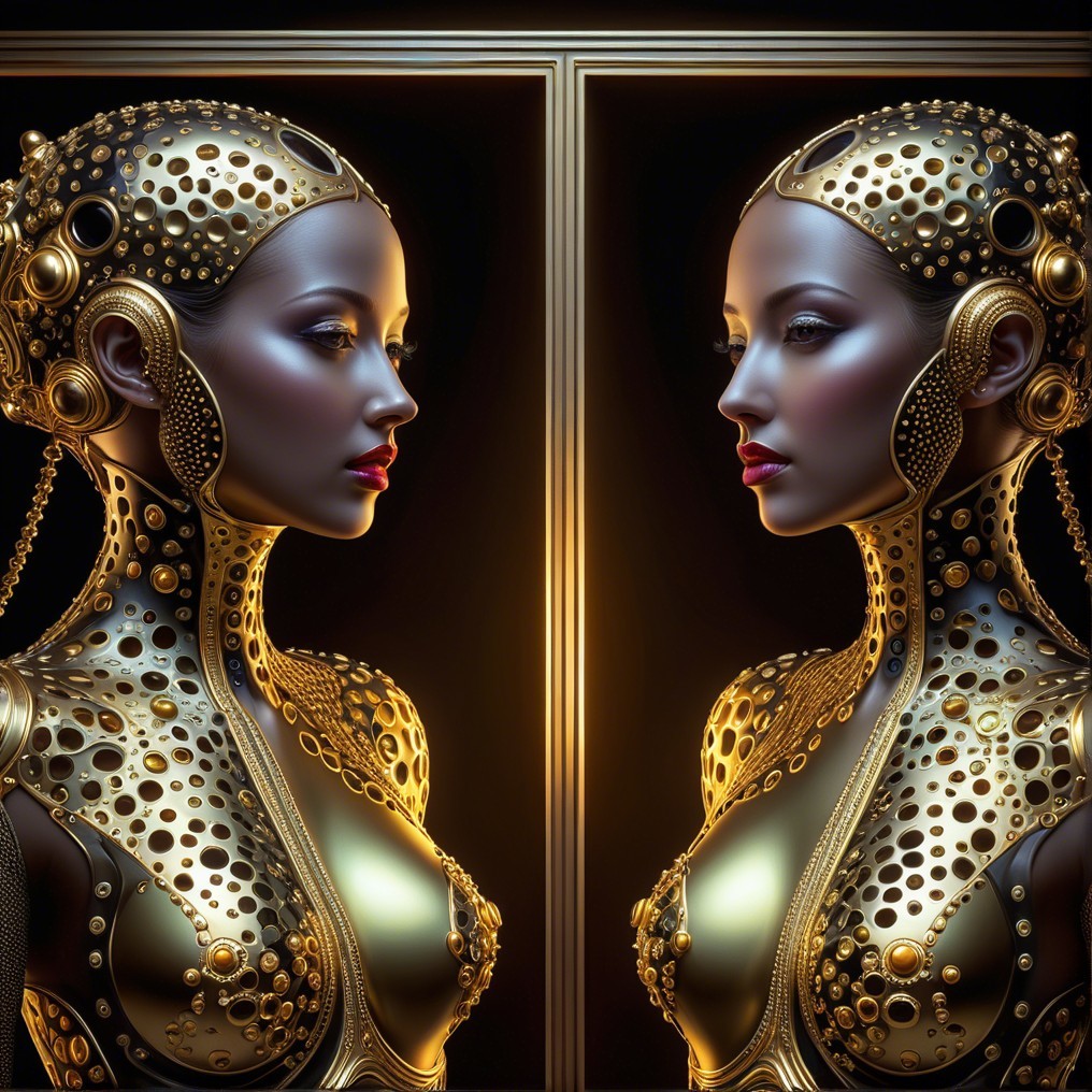 Futuristic humanoid robots with metallic skin and gold patterns