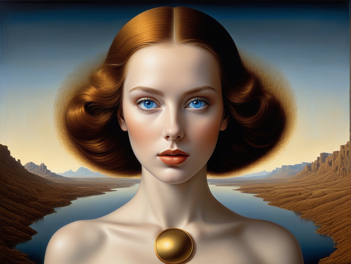 Portrait of a Woman with Blue Eyes and Serene Landscape