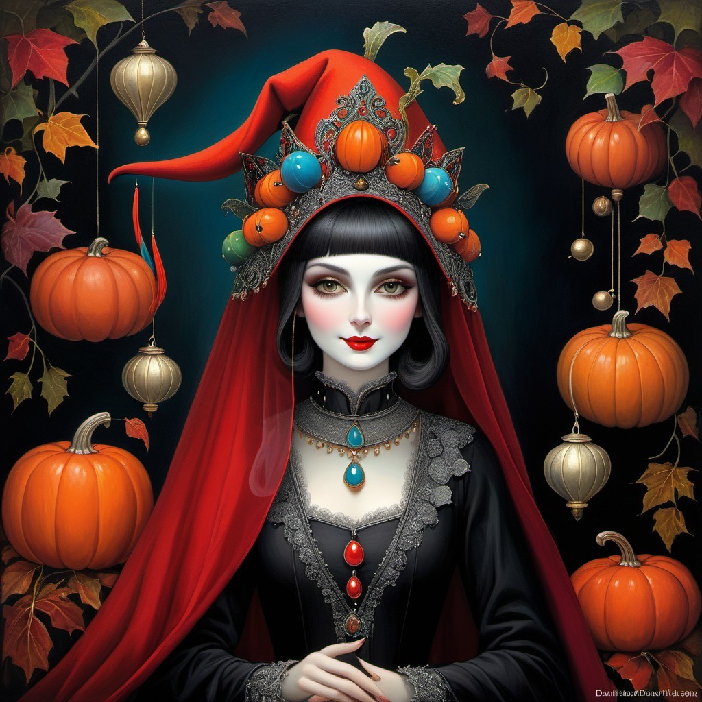 Mysterious Figure in Black Gown with Red Hood and Crown