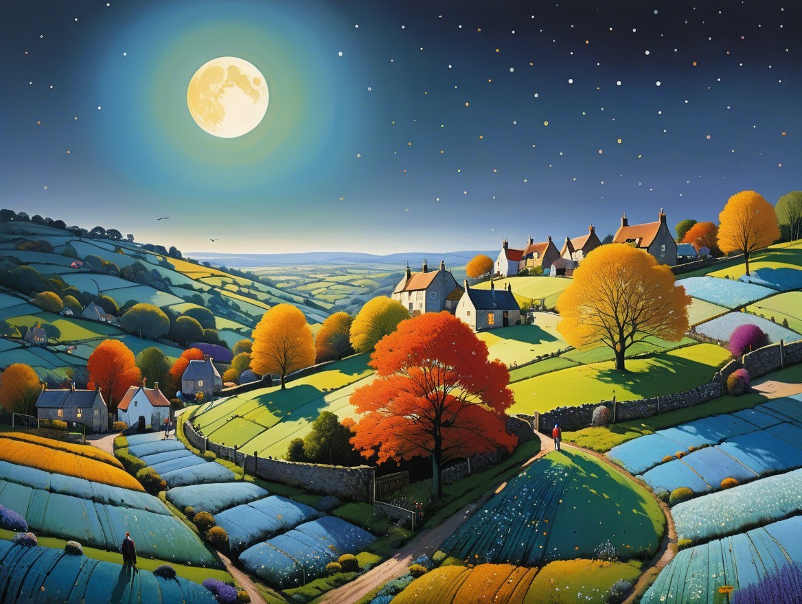 Moonlit Countryside with Autumn Trees and Stars