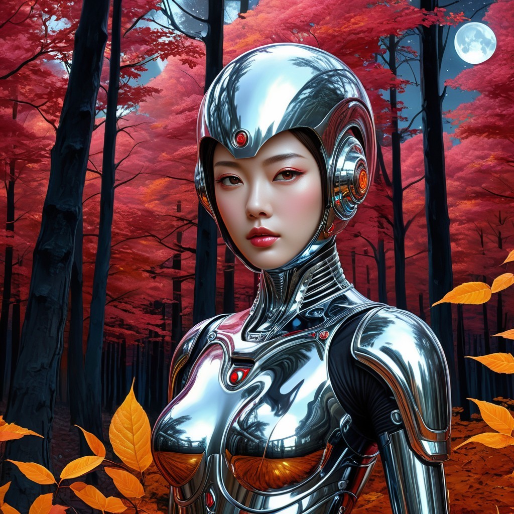 Futuristic Robot in Vibrant Autumn Forest Scene