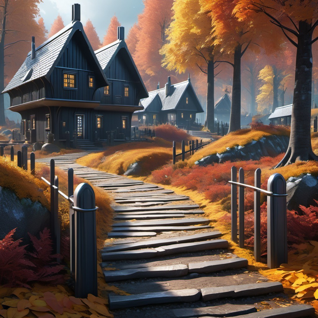 Cozy Autumn Village with Wooden Houses and Pathway