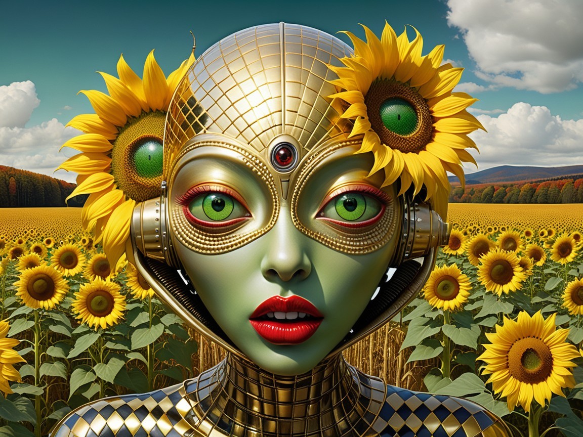 Futuristic humanoid figure in sunflower field