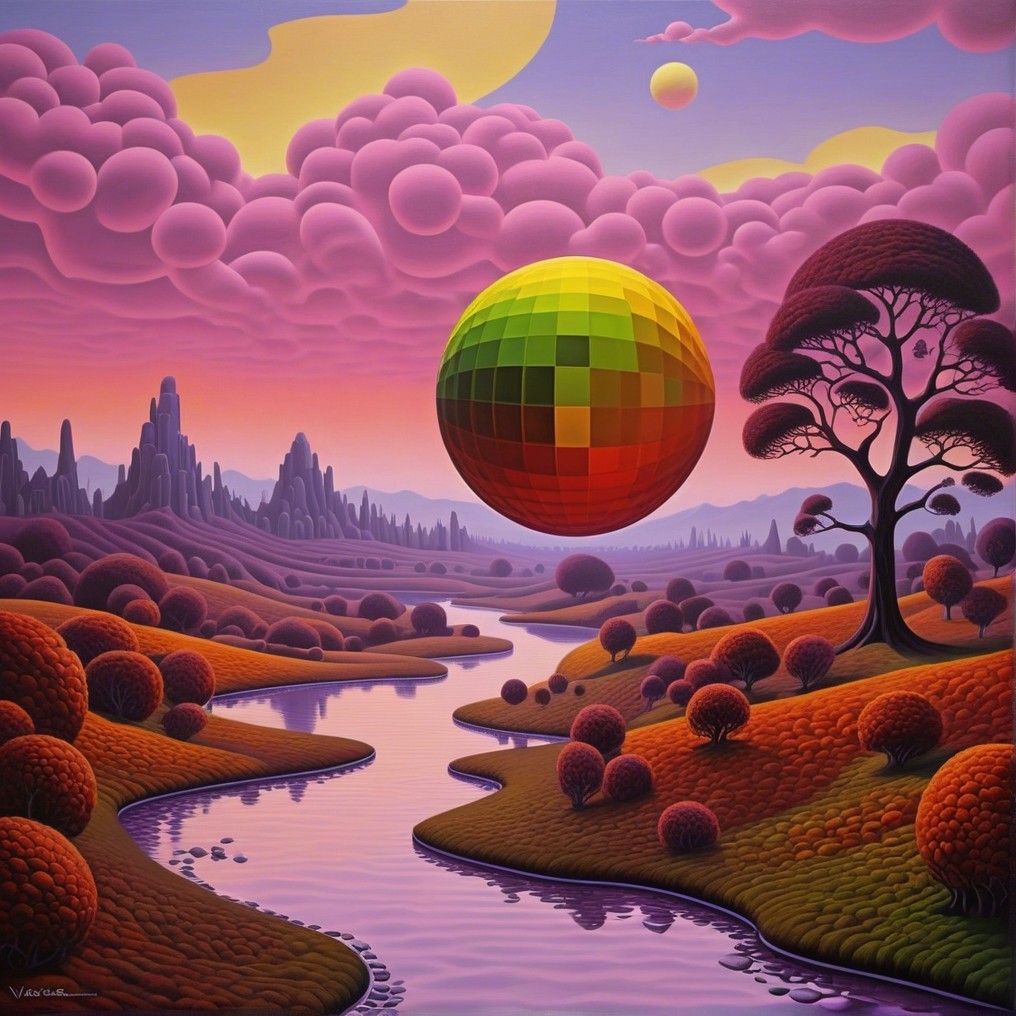 Surreal Landscape with Colorful Hills and Stream