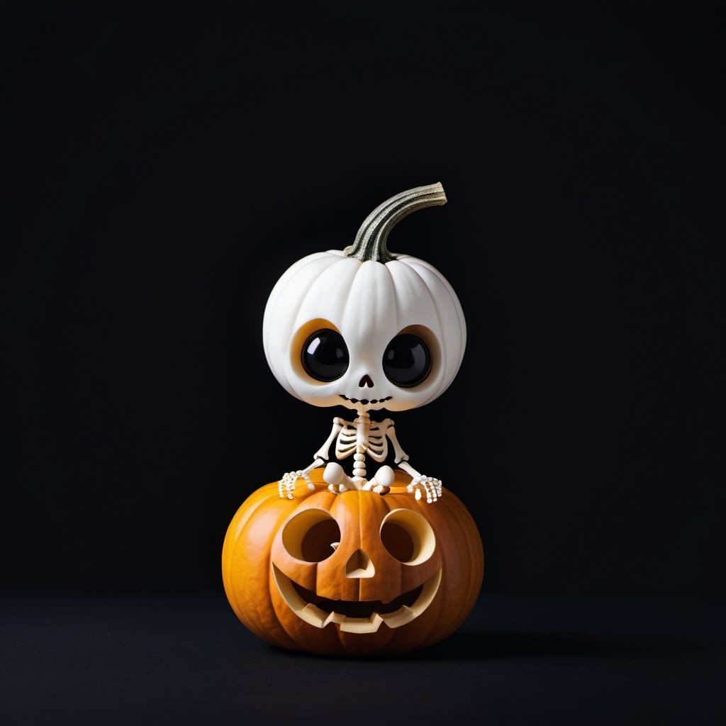 Stylized Skeleton on Carved Pumpkin Halloween Display