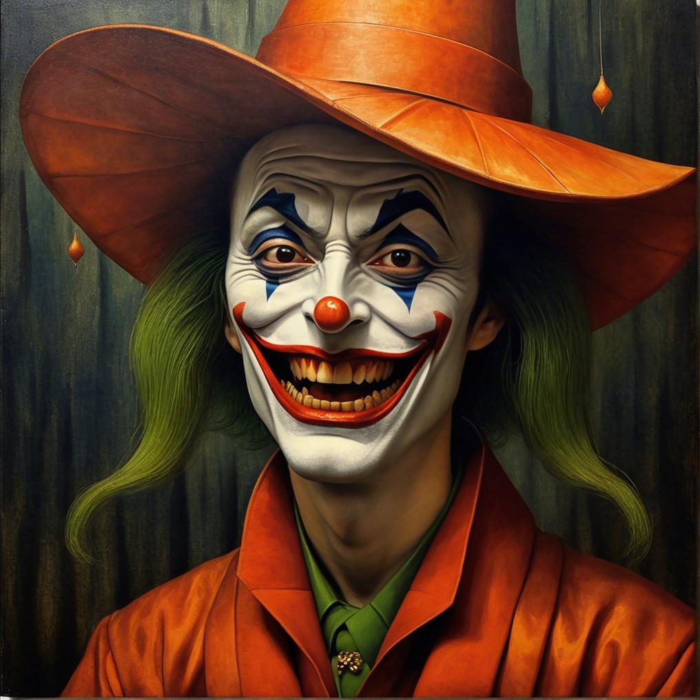 Clown with Grinning Face and Vibrant Orange Outfit