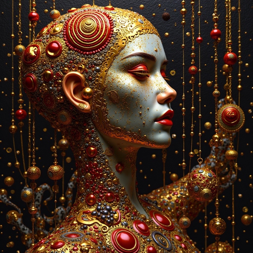 Intricate Humanoid Figure with Gold and Red Decorations