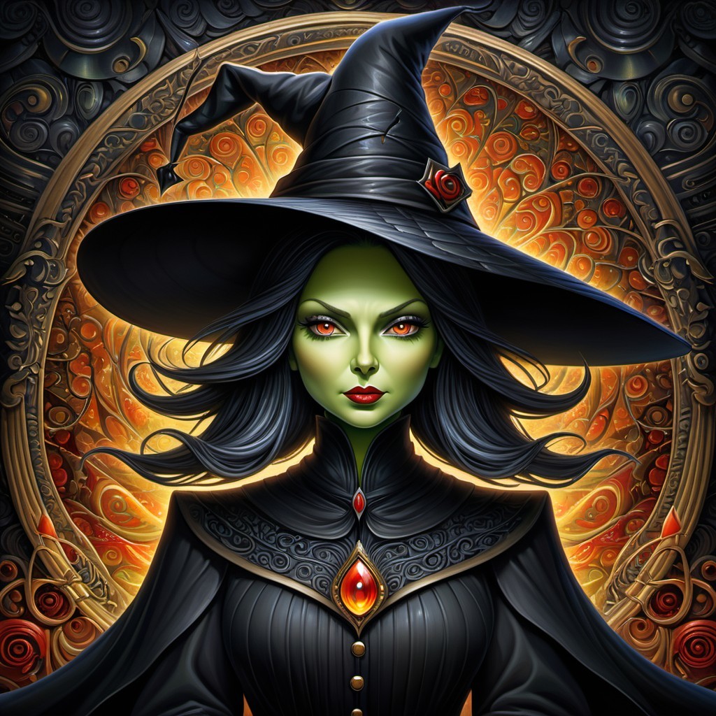 Witch with Green Skin and Fiery Background Details