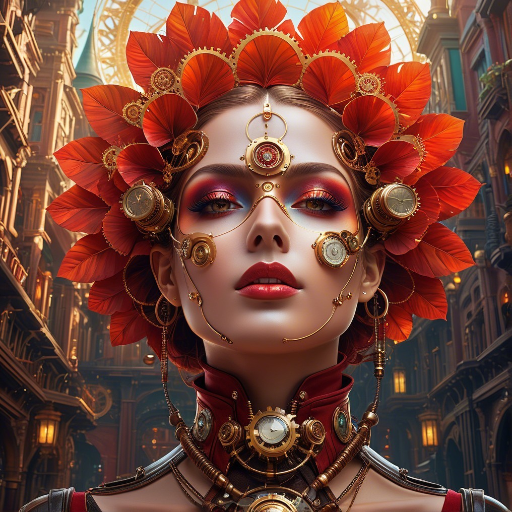 Steampunk Woman with Red Leaves and Golden Gears