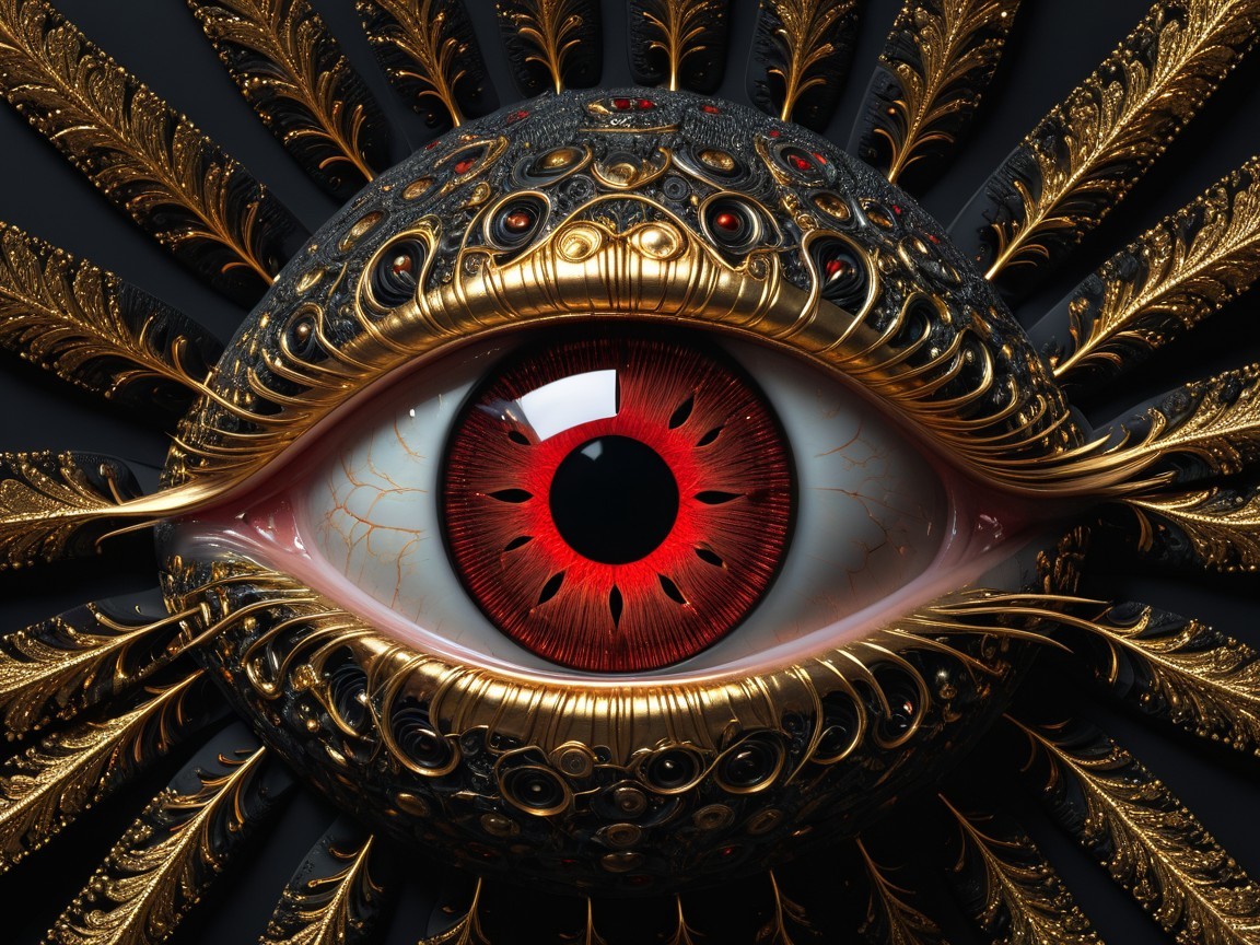 Intricately Designed Eye with Red Iris and Patterns
