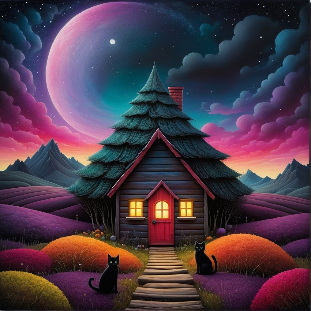 Cozy Cottage in Vibrant Otherworldly Landscape