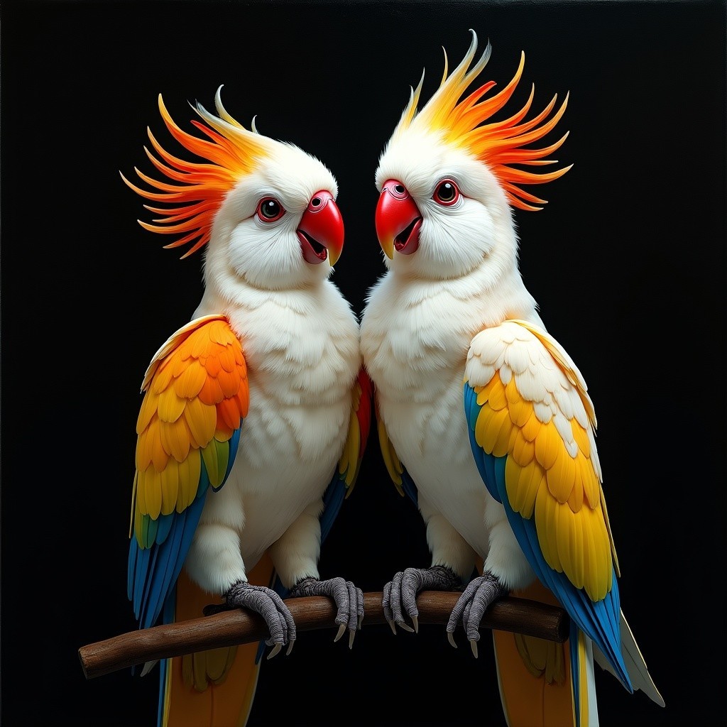 Vibrant Parrots on Branch with Colorful Plumage