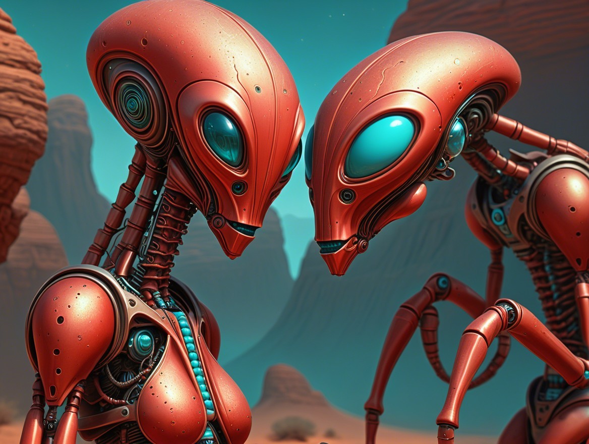 Futuristic robots in alien landscape with glowing eyes
