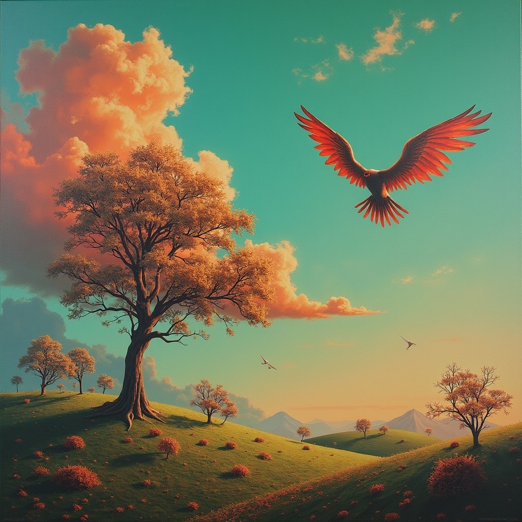 Serene Landscape with Vibrant Sky and Majestic Tree