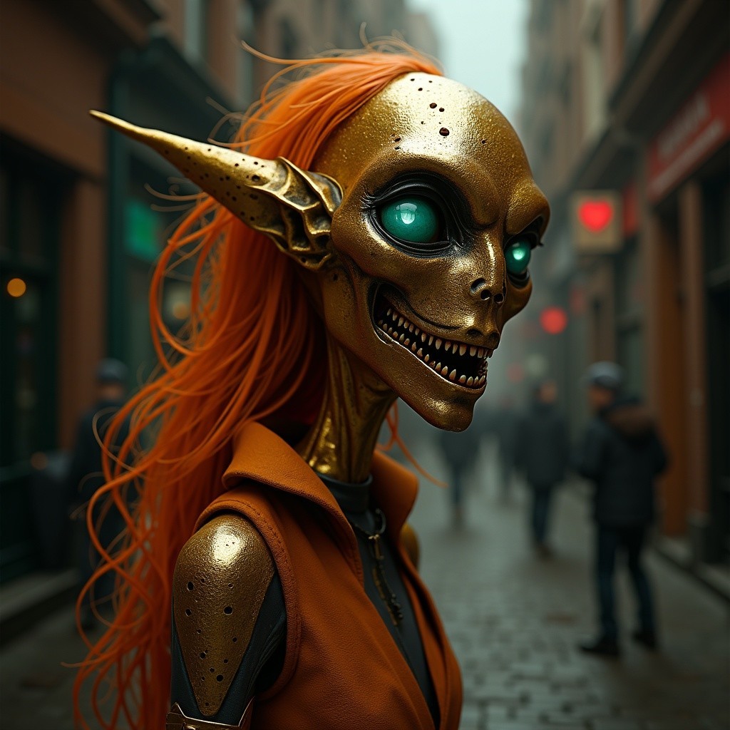 Detailed Figure with Orange Hair on Cobblestone Street