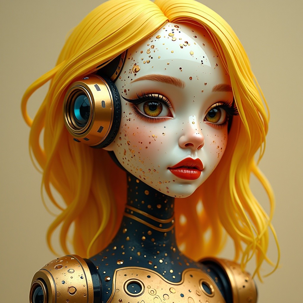 Futuristic Robot Doll with Blonde Hair and Gold Accents
